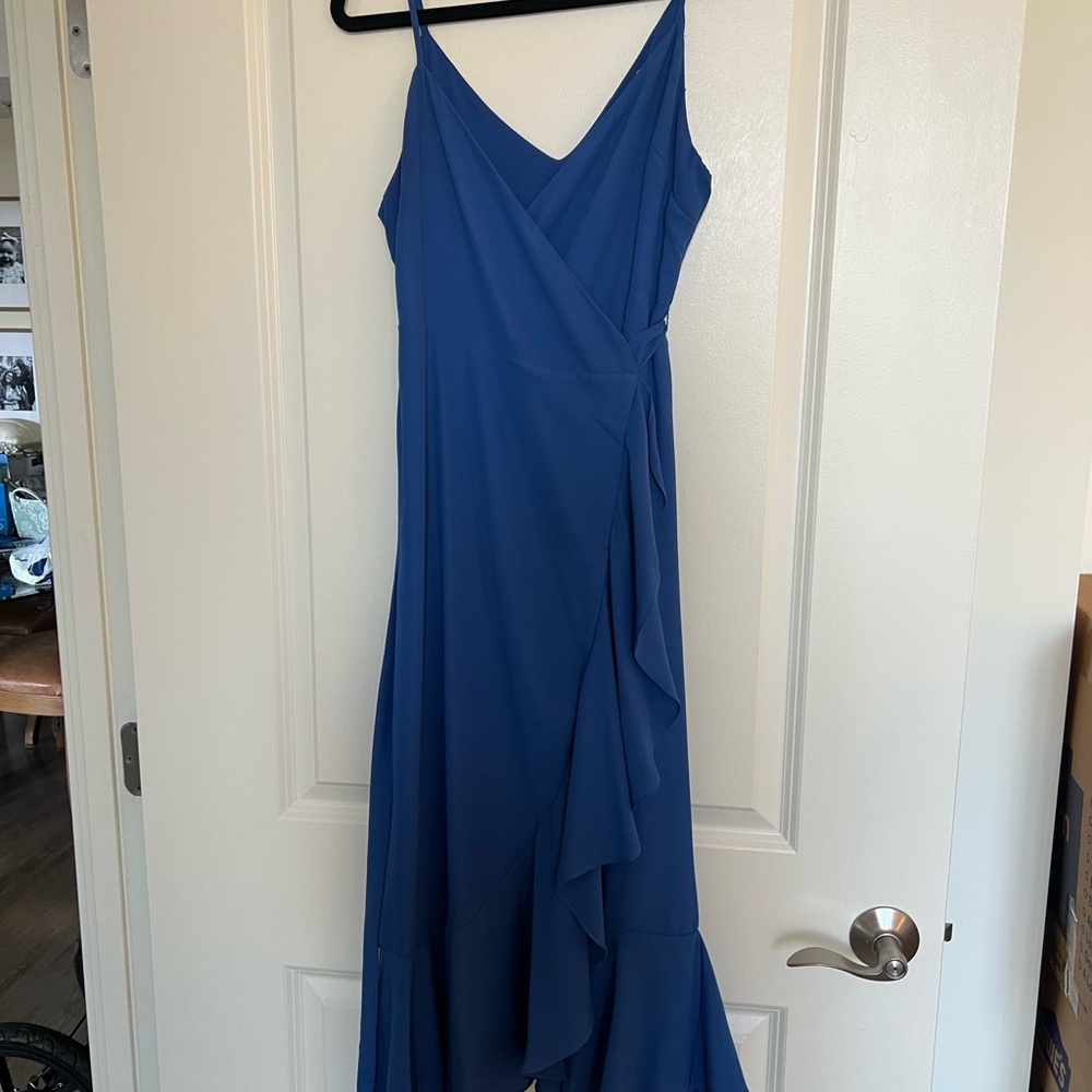 Lulu's Blue Asymmetrical Ruffled Midi Dress